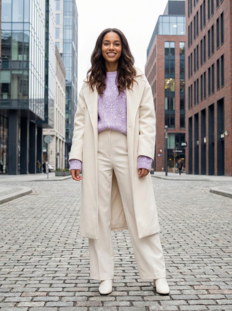The 2026 FW trend highlights bring delicate sequins throughout the lavender knit for subtle shimmer, the key 2026/27 trend everyone’s talking about. Structured shoulders create a powerful silhouette, while monochrome layering in tone-on-tone lavender, ivory, and white feels like a winter dream.