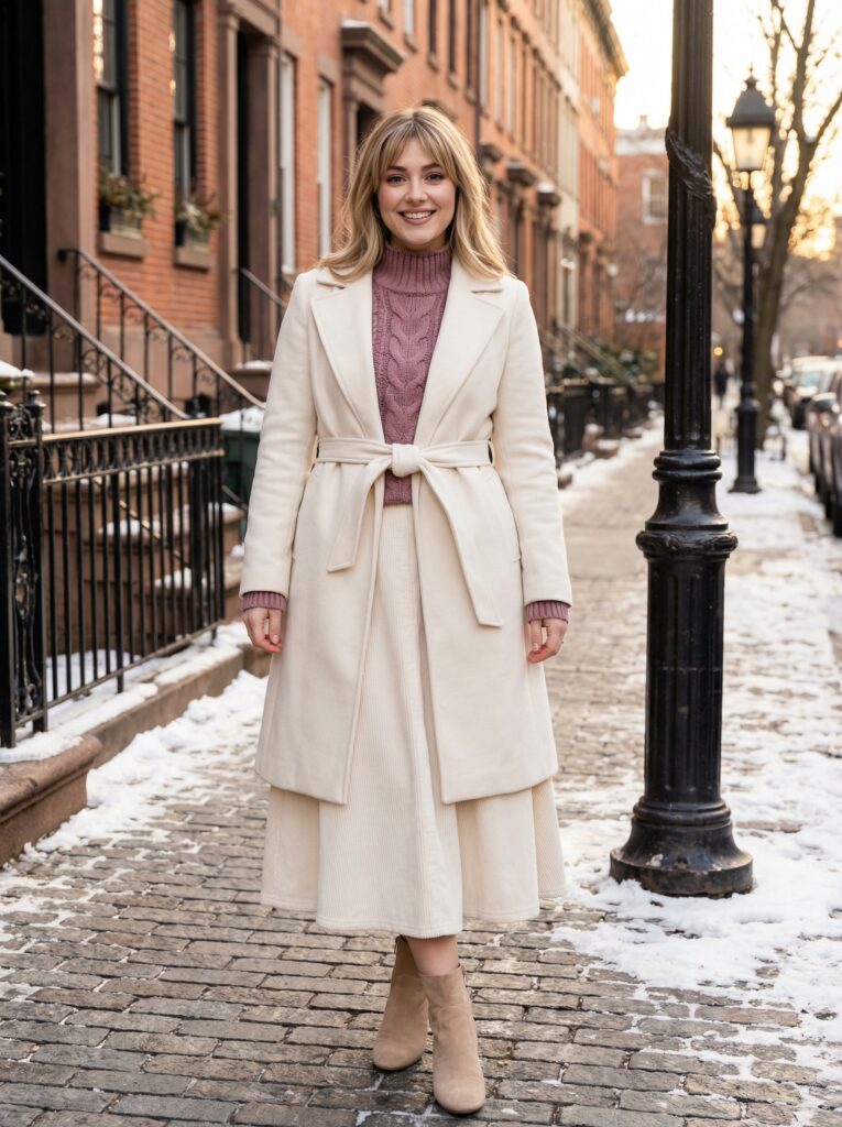 The 2026 FW trend features chunky cable turtleneck, longline belted coat with leather detail, and corduroy skirt mixing vintage textures.