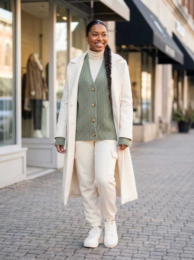 The 2026 FW trend showcases sage green as key color, utility jogger with cargo pockets, and platform sneakers for athleisure luxury.