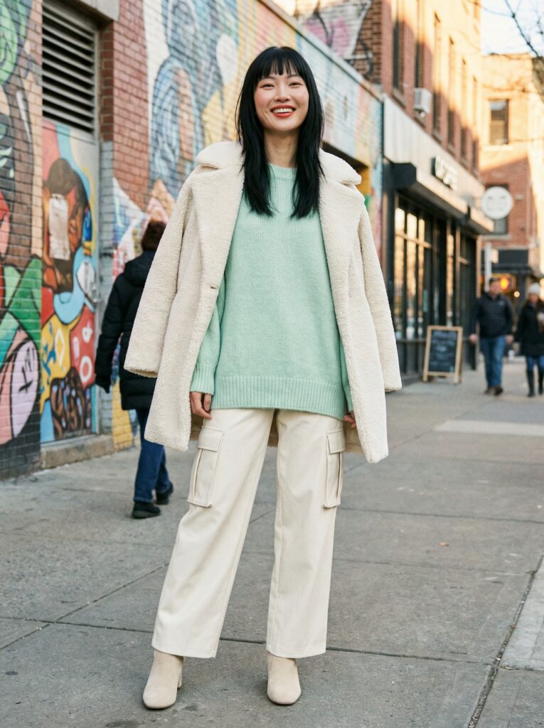 The 2026 FW trend features mint green pastel trend, sherpa coat as textured key piece, and wide cargo with side pockets.