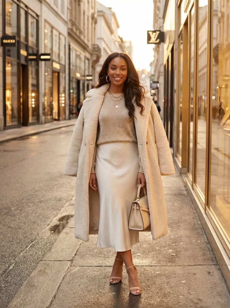 The 2026 FW trend showcases shimmer knit in champagne, plush teddy coat oversized luxury, and statement gold with layered necklace and hoops.