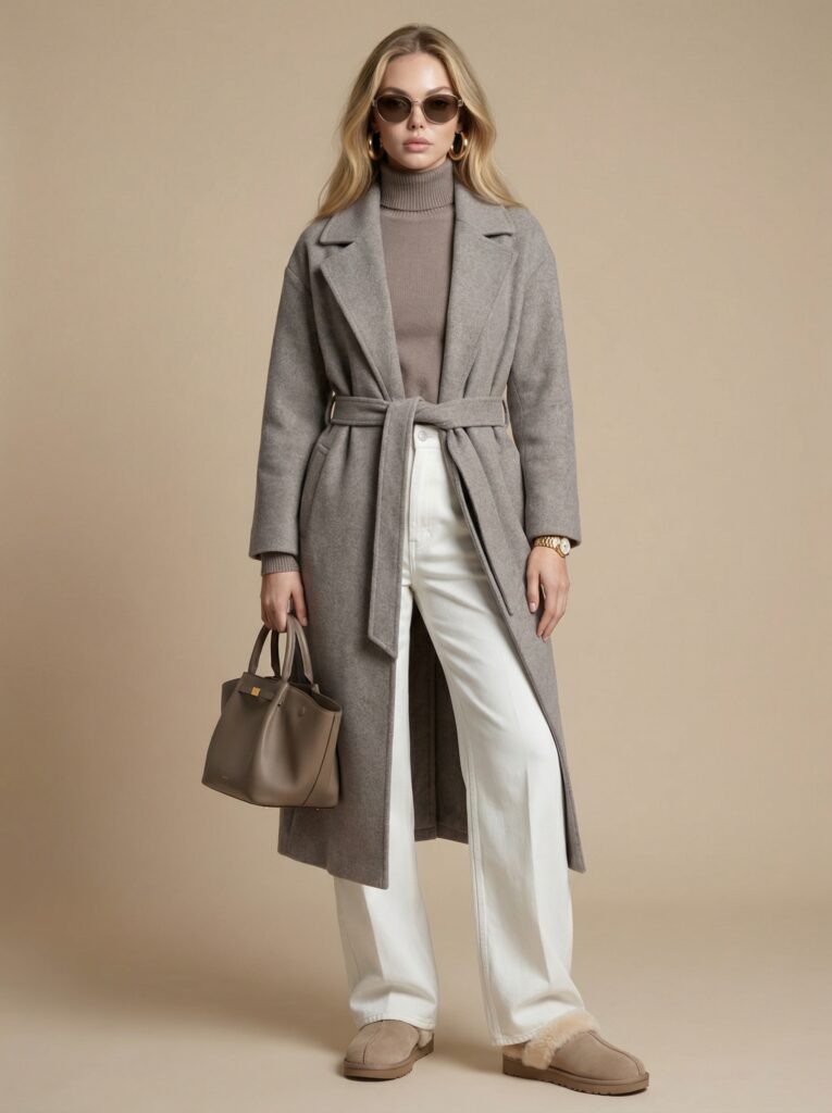 Grey wool long coat - belted at the waist 
Taupe cashmere turtleneck - luxe fabric vibes 
White wide-leg pants - high-waisted, tailored fit 
Beige UGG slippers - shearling lined 
Taupe leather structured bag - luxury details 
Gold hoop earrings, gold watch, sunglasses