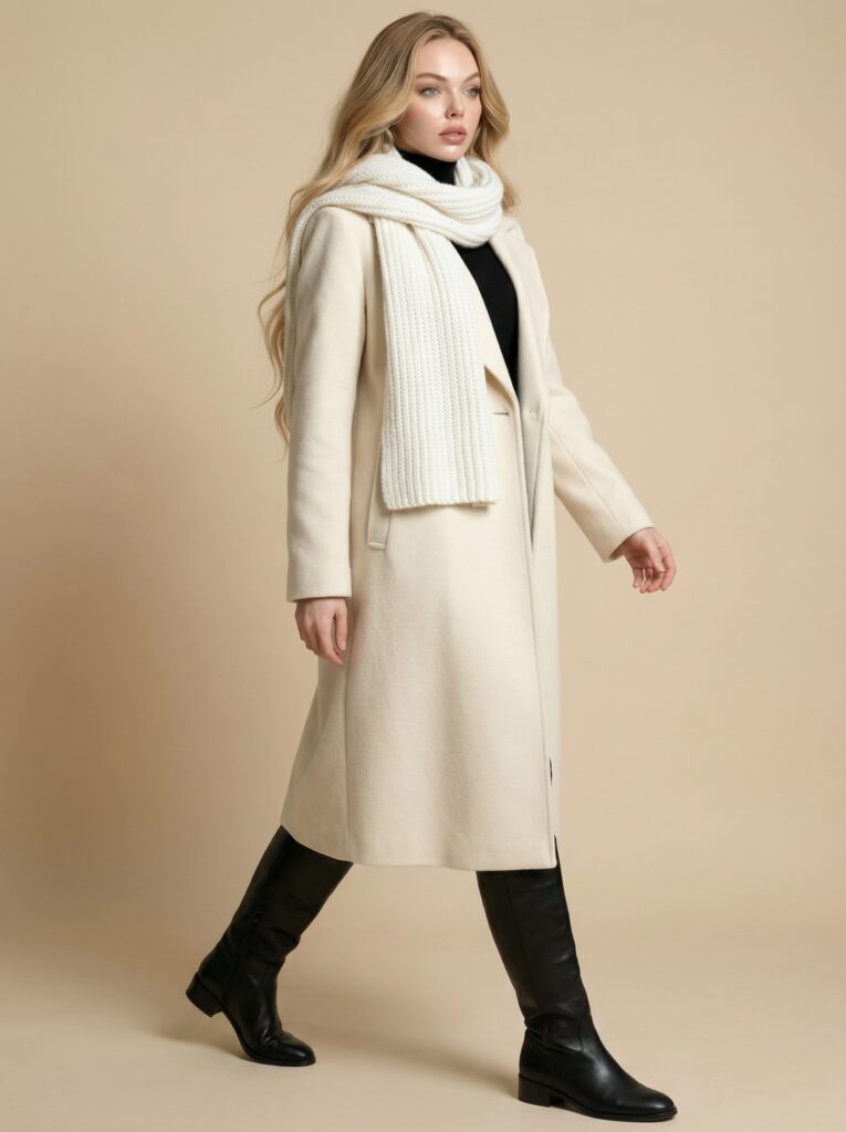 Off-white long coat look - wool coat + chunky knit scarf