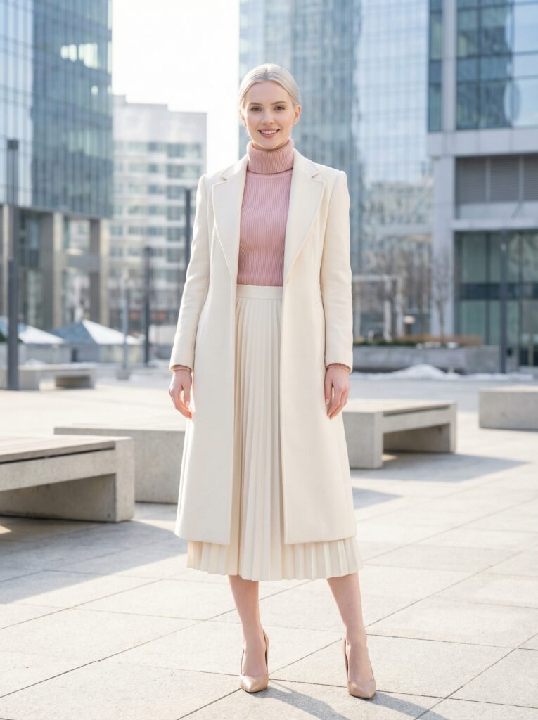 The 2026 FW trend key points feature ribbed turtleneck with fine texture for a slim silhouette, mid-calf longline hitting that 2026 trend length, and structured shoulders with architectural precision.