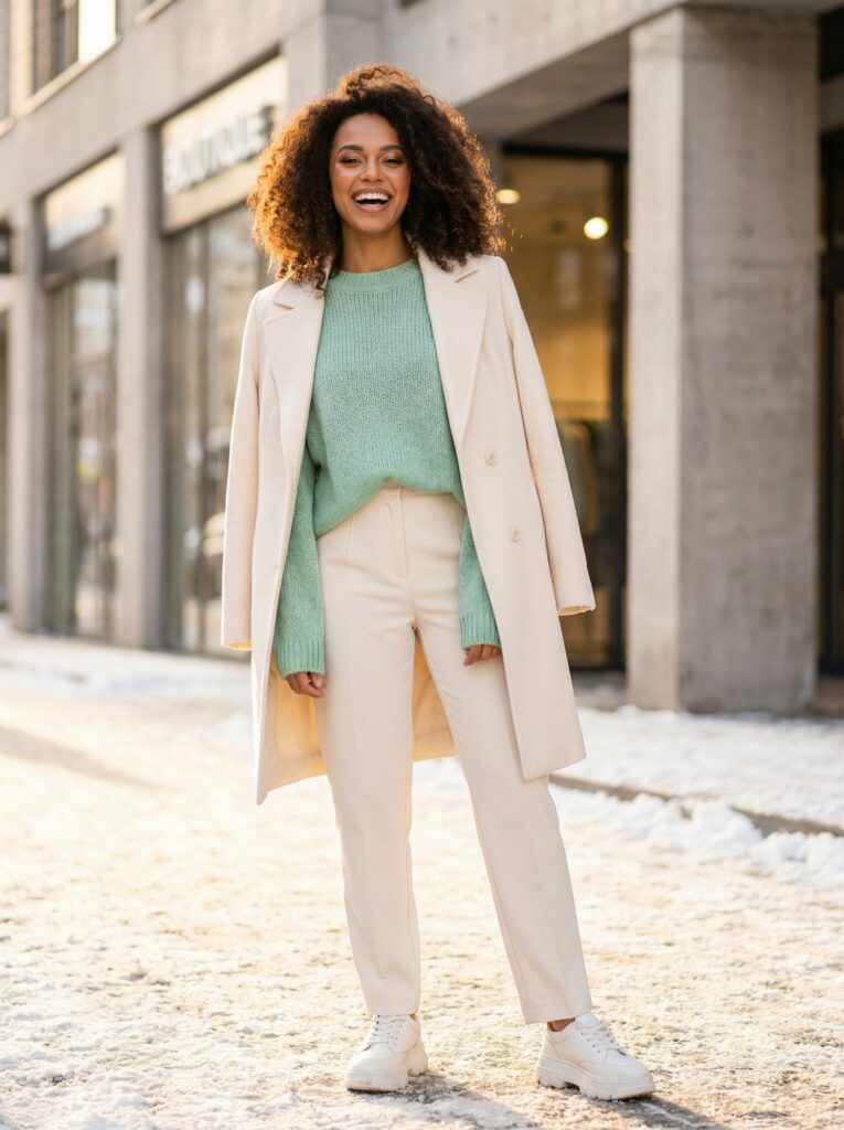 The 2026 FW trend brings mint green riding that pastel green wave, oversized relaxed knits, and platform sneakers for casual luxury.
