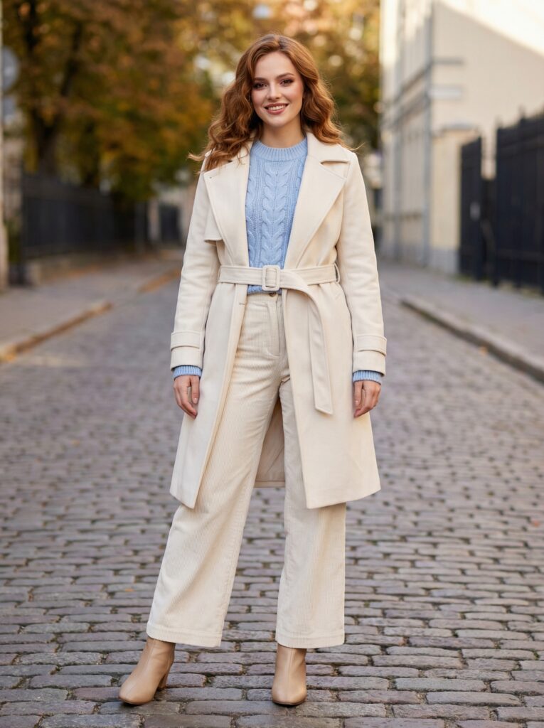 The 2026 FW trend celebrates cable knit’s classic return, belted trench accenting waistlines, and corduroy wide pants mixing textures.