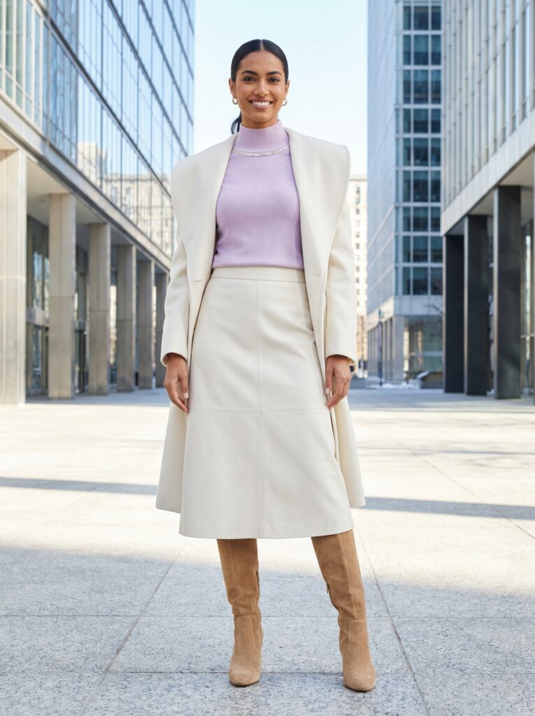 The 2026 FW trend focuses sequin detail at the neckline for maximum impact, dramatic structured shoulders, and knee-high boots completing the powerful silhouette.