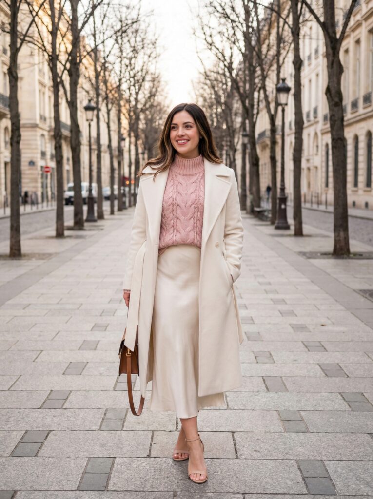 The 2026 FW trend brings chunky cable knit patterns, belted coat cinching waists, and knit meeting silk perfectly.