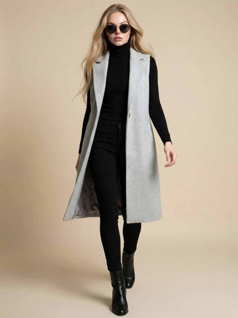 Light gray long vest look - sleeveless long coat + sunglasses