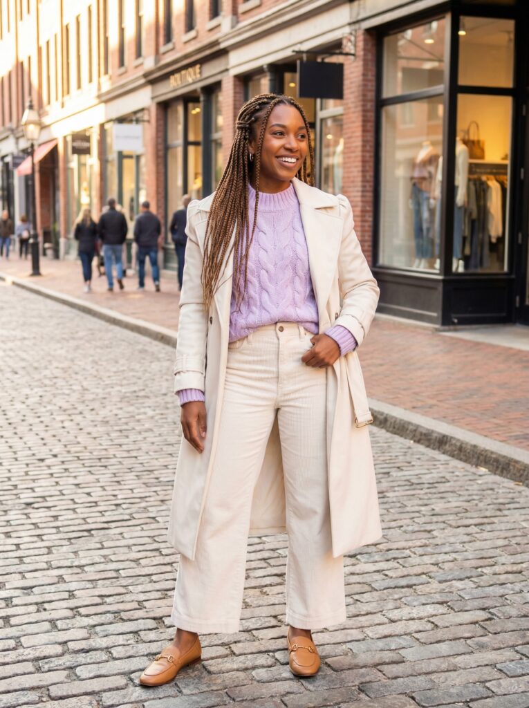 The 2026 FW trend features chunky cable with rolled hem detail, belted trench combining structure and belt, and corduroy wide pants.