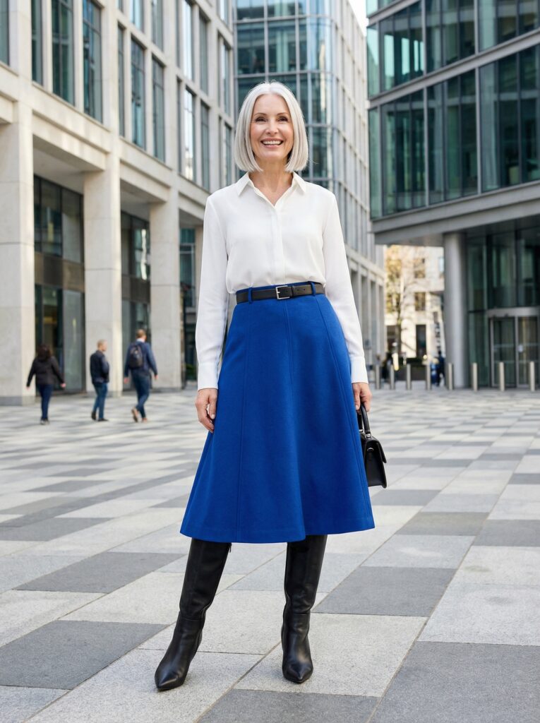 The striking combination of cobalt, white, and black creates a modern, powerful urban look. A structured A-line visually complements the lower body proportions, while pointed boots add a dramatic touch. Perfect for modern plazas, business presentations, and city walks where you want your outfit to speak before you do.