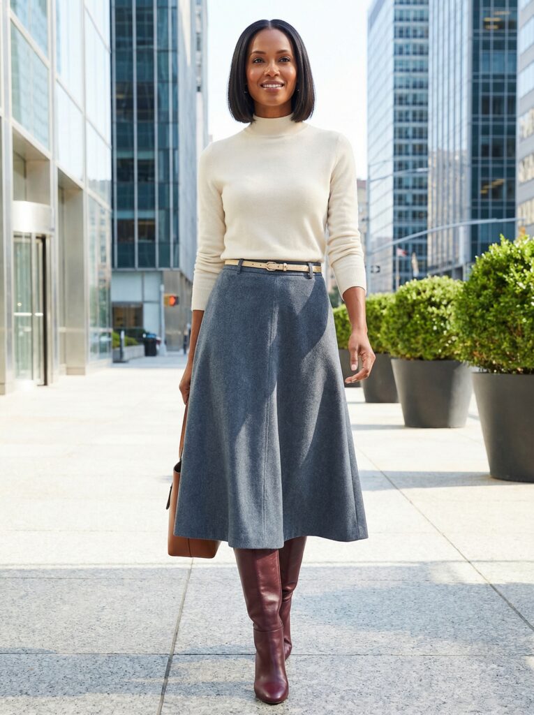 The gray, burgundy, and cream combination creates a professional yet unique look. The A-line silhouette visually balances the proportions of the lower body. This is ideal for those of average height or taller, and pointed boots create a sophisticated silhouette. Perfect for city offices, business meetings, and city exploration.