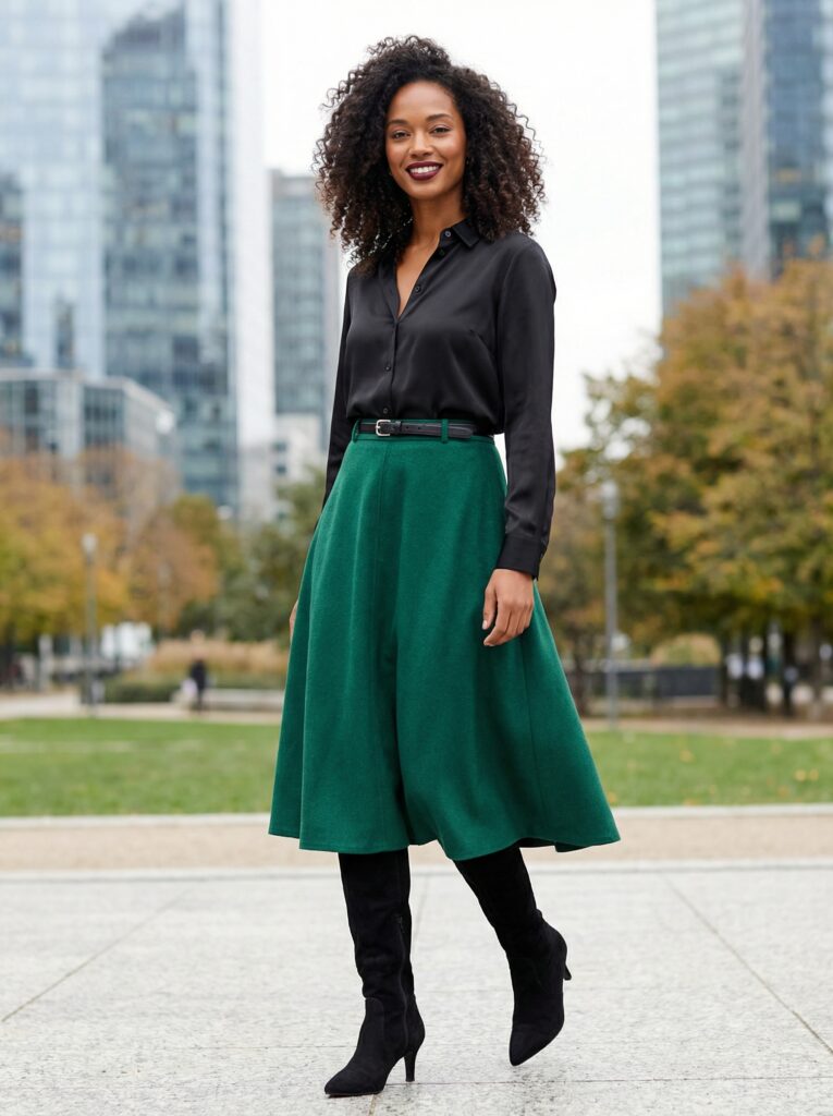 The striking combination of emerald and black creates a sophisticated and luxurious vibe. The A-line drape elegantly hugs the lower body, and pointed boots elongate the silhouette dramatically. This is your outfit for downtown parks, gallery openings, and cocktail parties where you want to embody opulence.