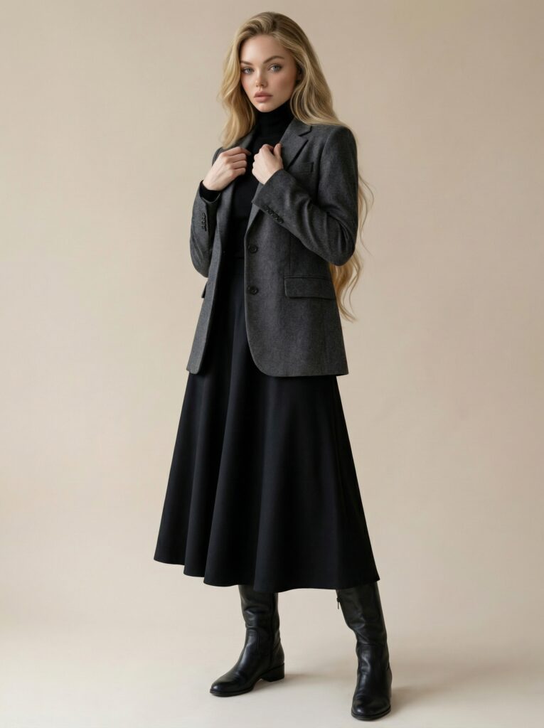Charcoal gray tailored jacket + flared skirt look - blazer + midi flared skirt