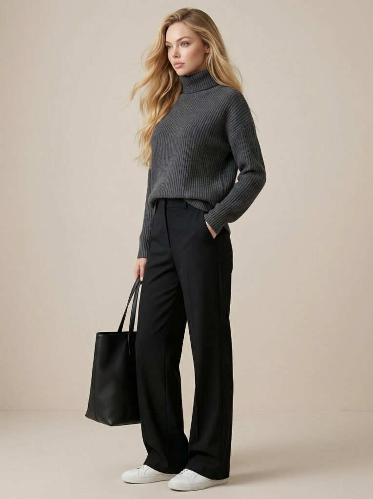 Charcoal gray turtleneck knit look - ribbed turtleneck + wide pants