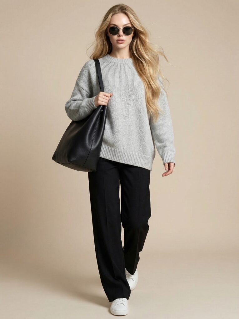 Light gray oversized knit look - knit + wide pants + sunglasses