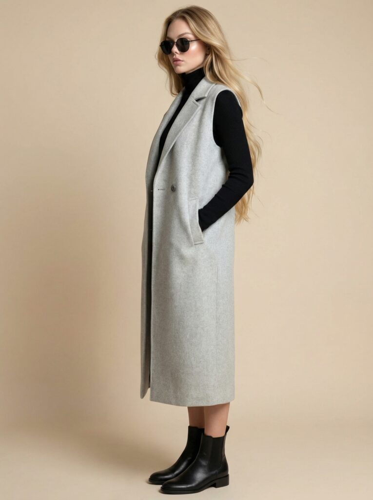 Light gray long vest look - sleeveless long coat + sunglasses