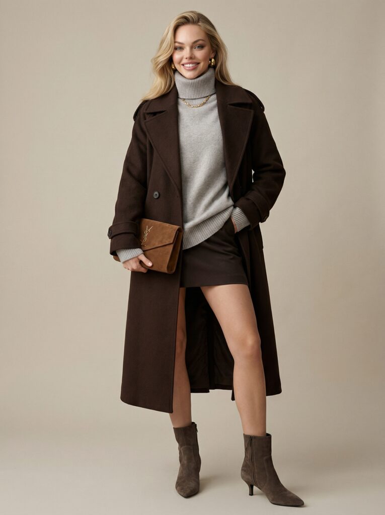 Points: 
- Dark chocolate brown wool trench coat 
- Light grey oversized turtleneck 
- Dark brown mini skirt 
- Taupe suede ankle boots 
- Brown suede YSL clutch 
- Gold chunky earrings & necklace
