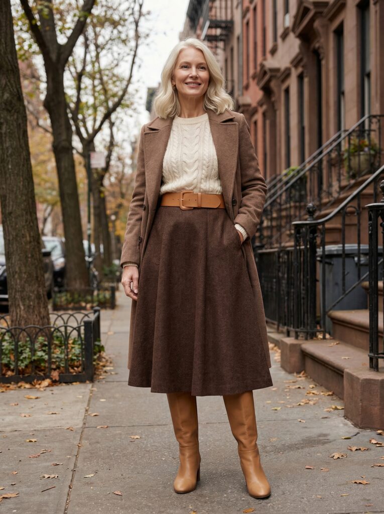 Matching your skirt and boots in the same color family is like a magic trick for leg length, suddenly you look taller, leaner, longer. Add a wide belt to elevate your waistline, and you've essentially hacked the system. This is your outfit for strolls through brownstone neighborhoods, cozy book cafés, and leisurely weekend brunches where comfort meets elegance.