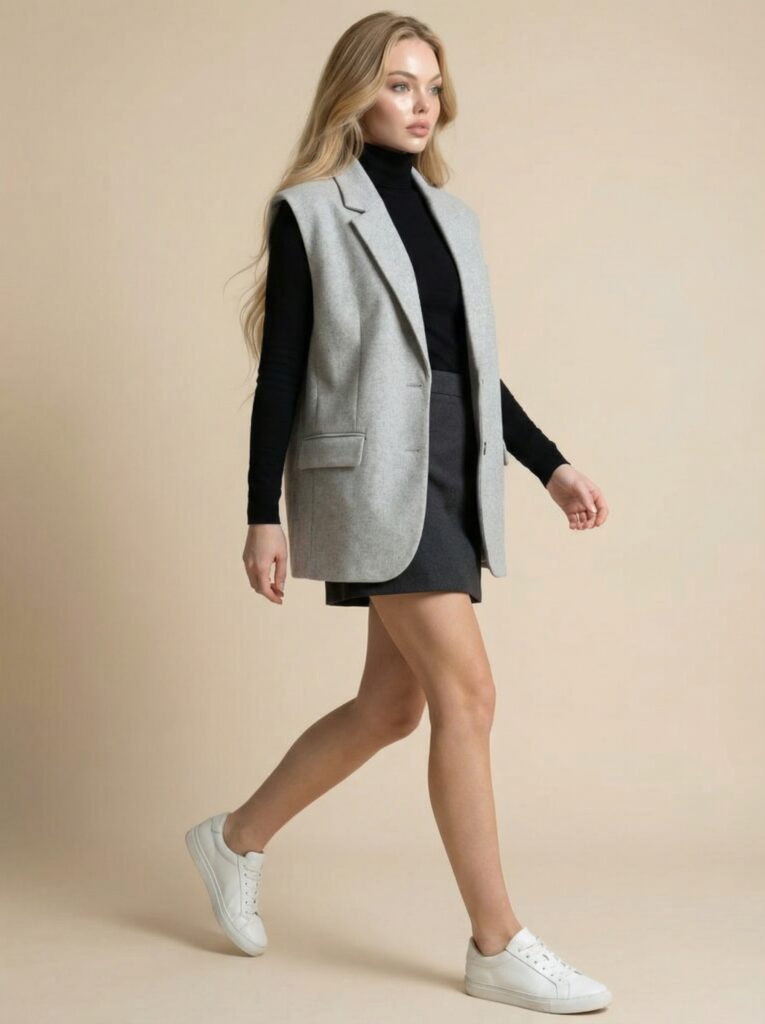 Light gray oversized vest look - sleeveless blazer + miniskirt