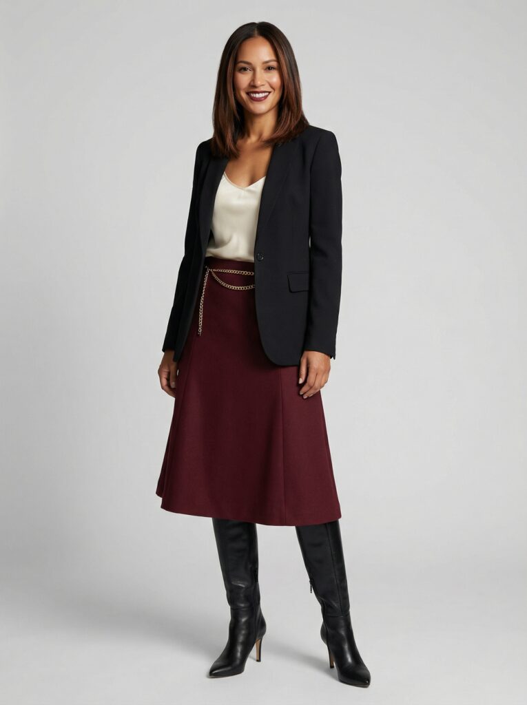 Power Feminine 5 A line wool skirt and long boots for a lower body figure
