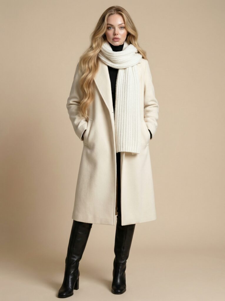 Off-white long coat look - wool coat + chunky knit scarf