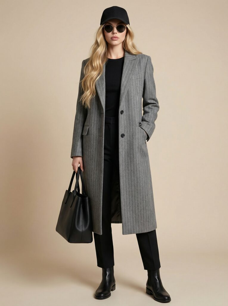 Gray striped long coat look - pinstripe coat + cap + sunglasses