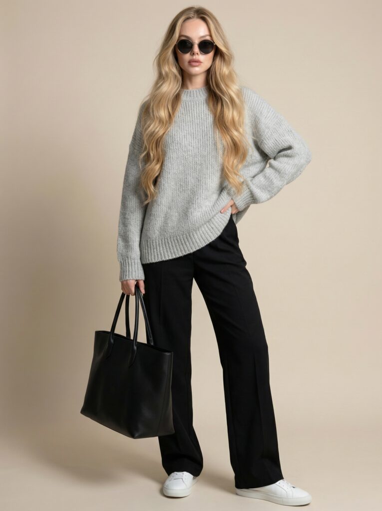Light gray oversized knit look - knit + wide pants + sunglasses