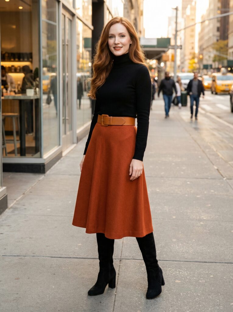 The warm color palette of rust, black, and caramel creates an autumnal atmosphere in the city. The wide belt defines the waistline, maximizing the contouring effect of the A-line. This is perfect for cafe streets, downtown shopping, and restaurant dinners where you want to glow with warmth.