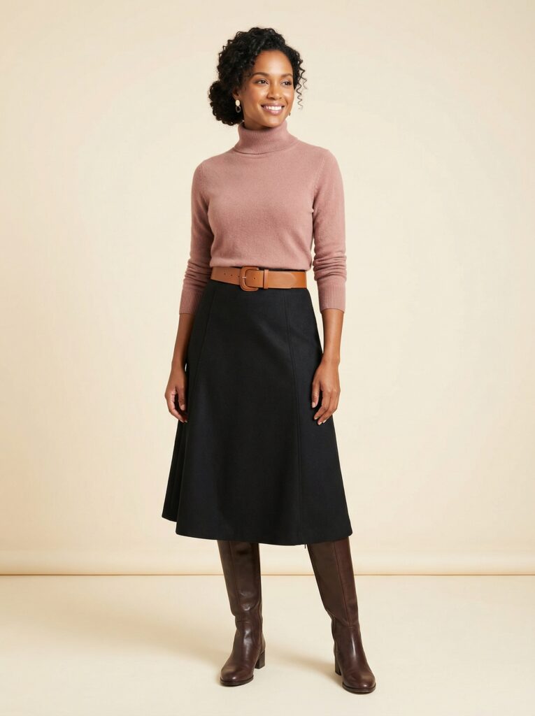 Soft Elegance 6 A line wool skirt and long boots for a lower body figure