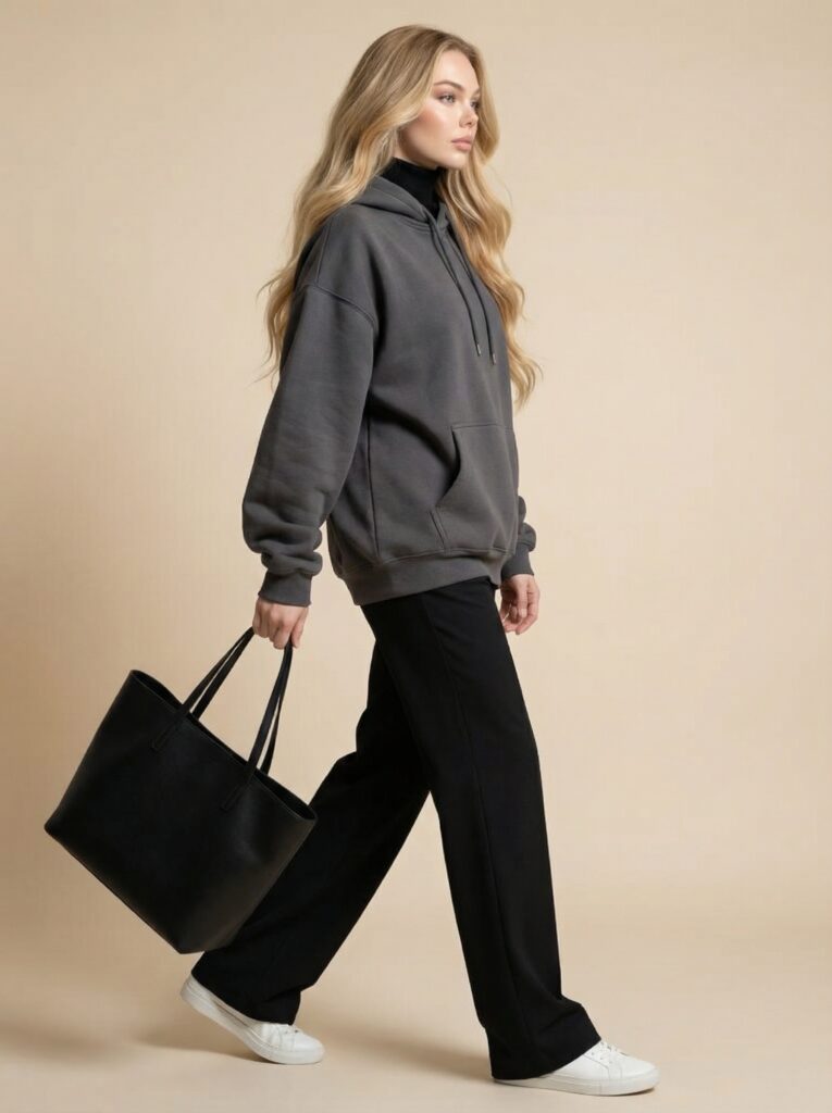Charcoal gray oversized hood look - layered hood + wide pants