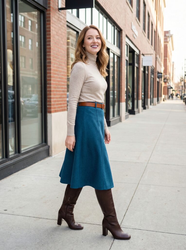 Here's a pro tip by mixing cool-toned pieces (like that teal skirt) with warm-toned accessories creates a balanced, harmonious look that feels intentional and thoughtful. Block heels work for all heights here, adding stability and sophistication. Think boutique shopping, downtown cafés, and friend gatherings where you want to look effortlessly current.