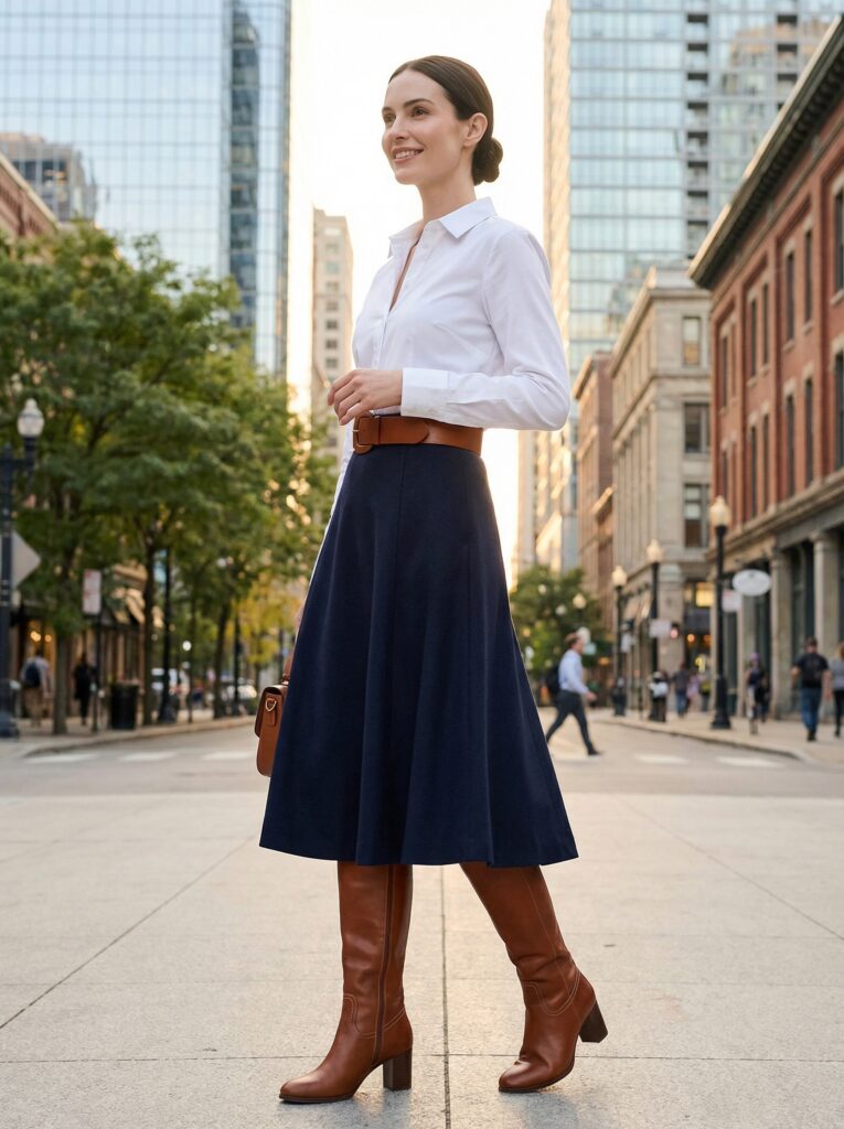 The timeless tricolor combination of navy, white, and cognac is always sophisticated. The A-line design strategically complements a voluptuous lower body, while the warm-toned boots draw the eye down, elongating the legs. The wide belt defines the waistline, enhancing the proportions of the upper and lower body. This is a universal style that suits all heights, and the block heel maintains a comfortable yet elegant look. Perfect for downtown boulevards, upscale restaurants, business dinners, and weekend city trips.