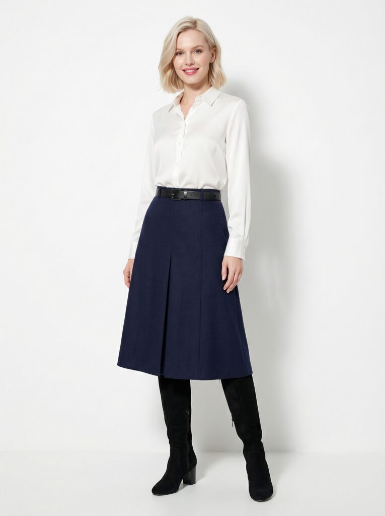 The pleated A-line skirt moves with you, swaying elegantly as you walk down corridors or stride confidently into presentations. The white-navy-black color trinity is the holy grail of professional dressing because it works everywhere, every time, without fail. This is your go-to for important meetings, conferences, and any moment when you need your outfit to whisper "competent" while your work speaks volumes.