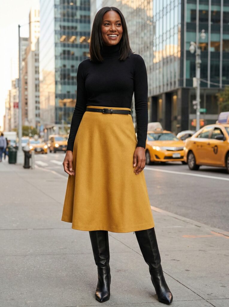 And here's the beautiful part while that mustard demands attention, the A-line silhouette is quietly doing its magic work, naturally covering your thighs and creating balanced proportions. Add pointed-toe boots to visually elongate your legs, and you're ready for city shopping, café meetings, or gallery openings where you want to be remembered.