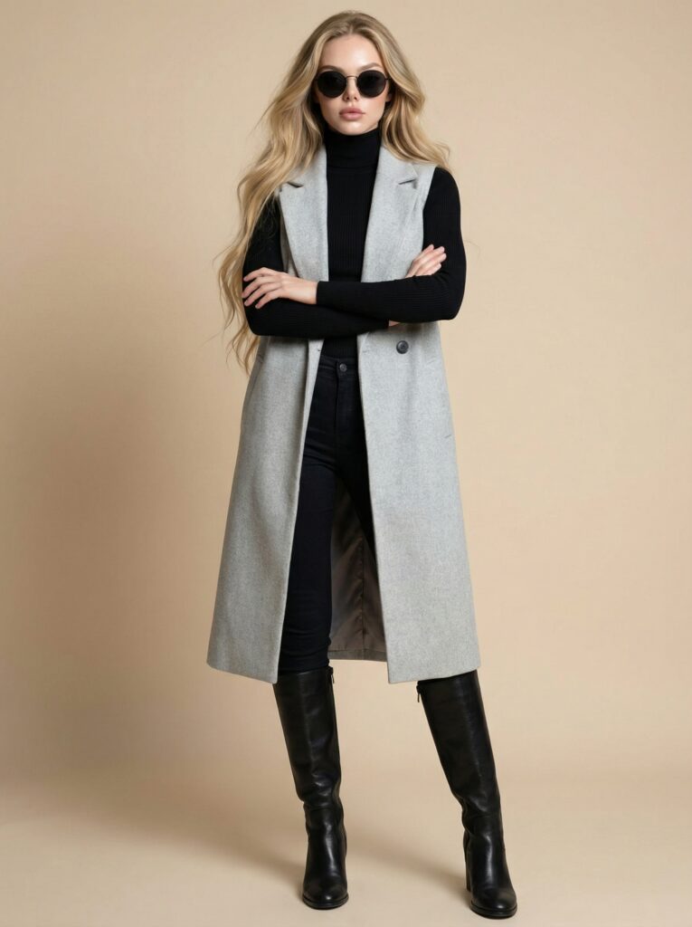 Light gray long vest look - sleeveless long coat + sunglasses