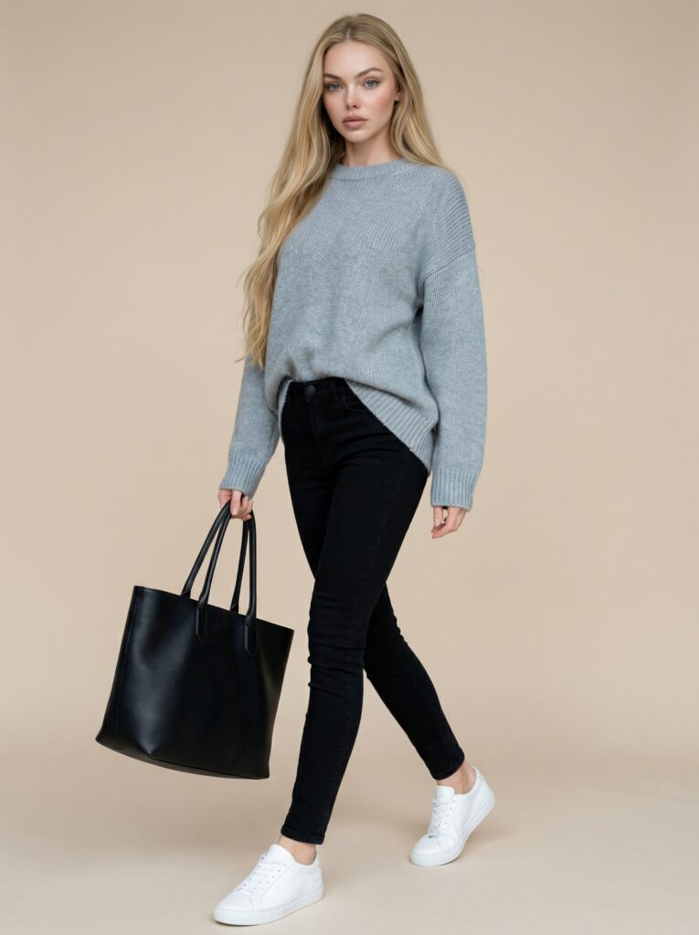 Light blue gray knit look - oversized knit + skinny jeans + tote bag