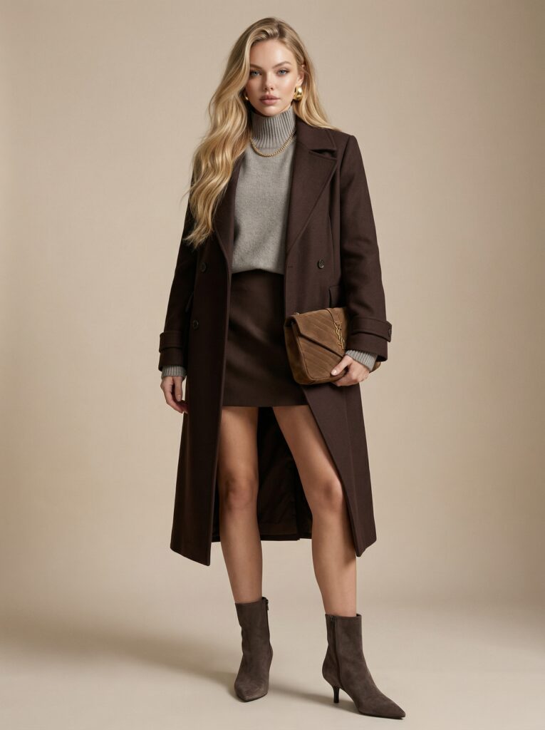Points: 
- Dark chocolate brown wool trench coat 
- Light grey oversized turtleneck 
- Dark brown mini skirt 
- Taupe suede ankle boots 
- Brown suede YSL clutch 
- Gold chunky earrings & necklace