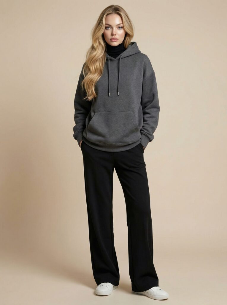 Charcoal gray oversized hood look - layered hood + wide pants