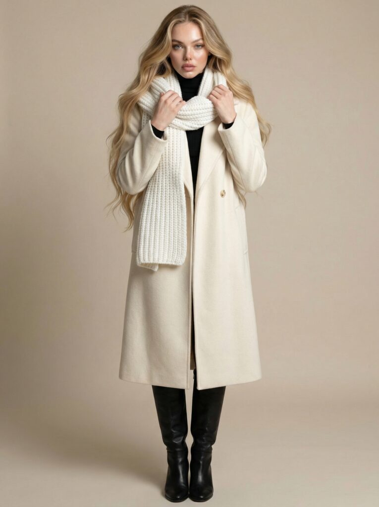 Off-white long coat look - wool coat + chunky knit scarf