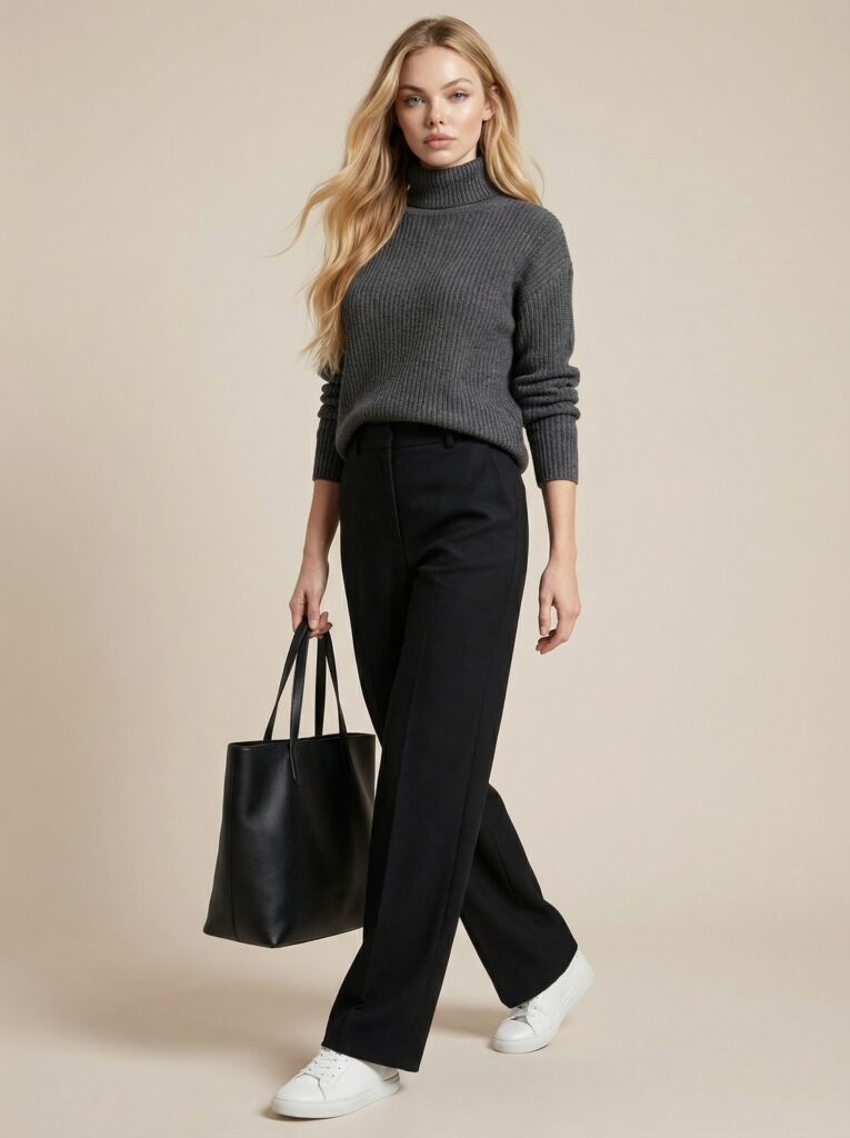 Charcoal gray turtleneck knit look - ribbed turtleneck + wide pants