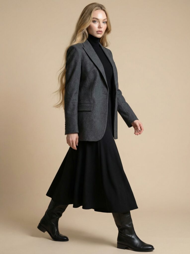 Charcoal gray tailored jacket + flared skirt look - blazer + midi flared skirt