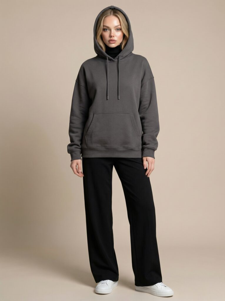 Charcoal gray oversized hood look - layered hood + wide pants